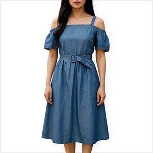 One Fifty Third Blue Chambray Denim Look Off Shoulder Belted Dress Sample NEW 4